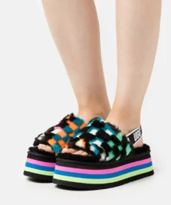 UGG DISCO CHECKS SLIDE - Platform Sandals - Black/multi-coloured